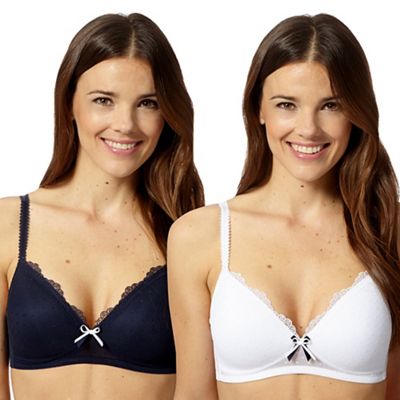 Pack of two white and navy spotted non wired t-shirt bras